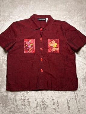 Sag Harbor Button Up Shirt Womens 12 Red Floral Leaf Print Short Sleeve Fall